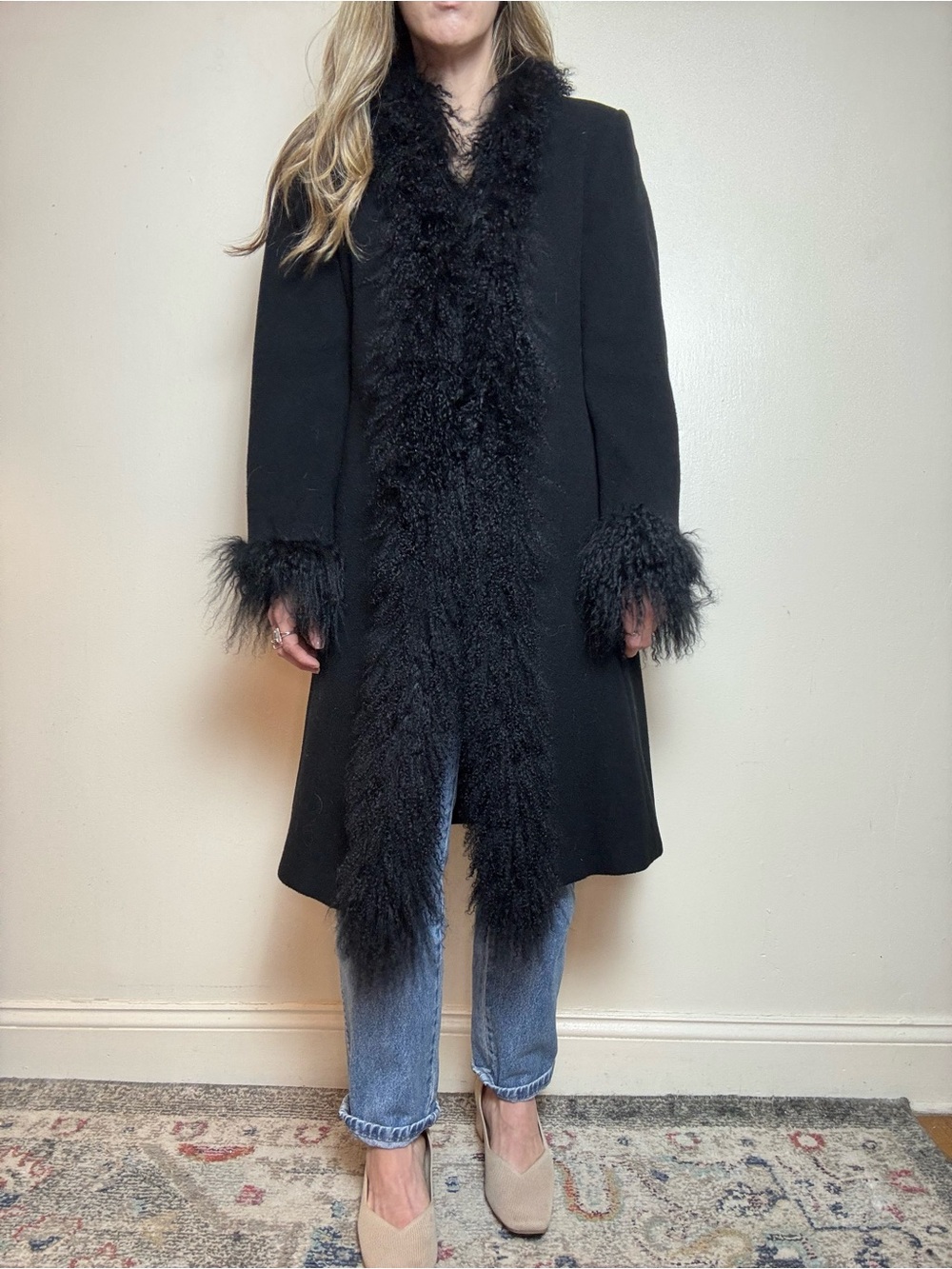 Stunning vintage Marvin Richards black lambswool trim wool coat.
